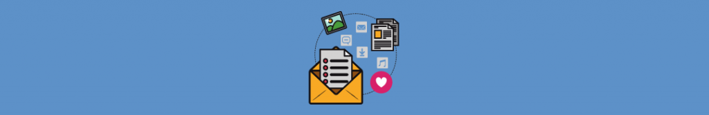 cartoon of envelope with web of icons: photo, like button, chart, checklist